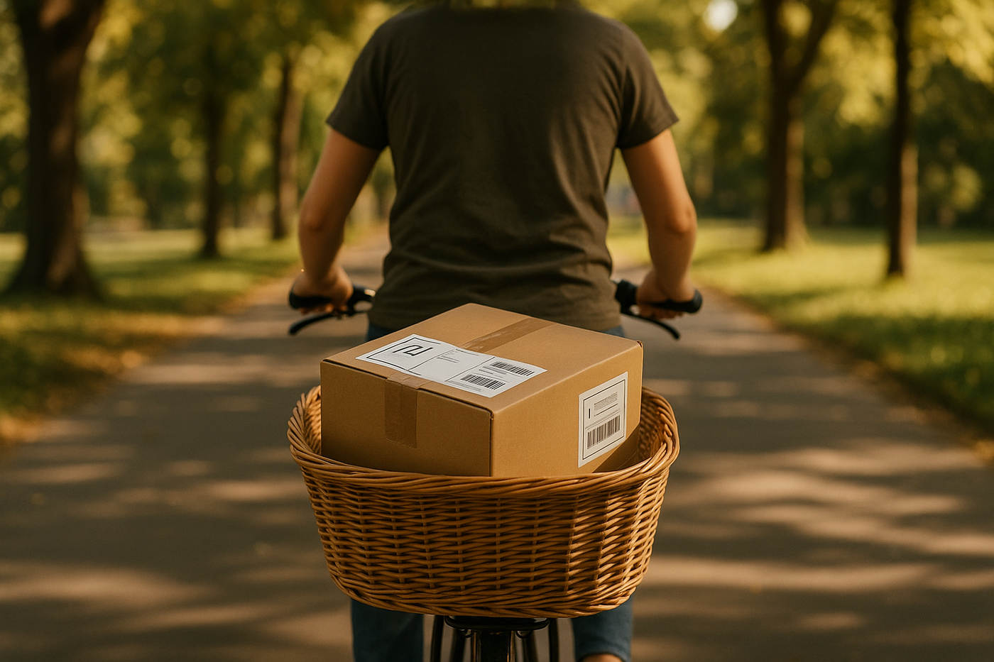 A shipping box in a basket on a bike riding away