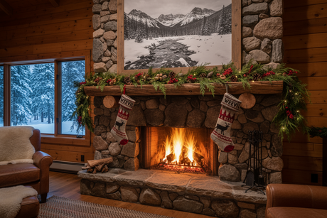 create a rustic lodge style fireplace made from large rocks with a fire burning.  make decorated for the Holiday Season.  on the mantle, but 2 rustic lodge style stocking hanging and I want one stocking to say WEEVIL OUTDOOR and the other stocking to say WEEVIL GEAR & BEER.  Above the fire place, put a large black and white photo of a mountain scene with a trail and a river with snow and have if framed in raw rustic looking wood.  have at least one window near the fireplace that you can see a snowy forest.
